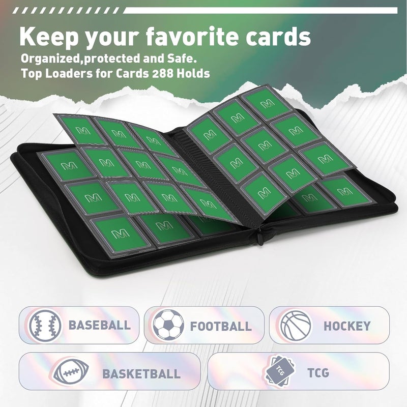 MOSLA Toploader Binder,Trading Card Binder Storage Hold up 288 Cards 9-Pocket Top Loader Binder with Sleeves for 3"x4" Rigid Toploaders Hard Cases (9Deep Green) - Image 3